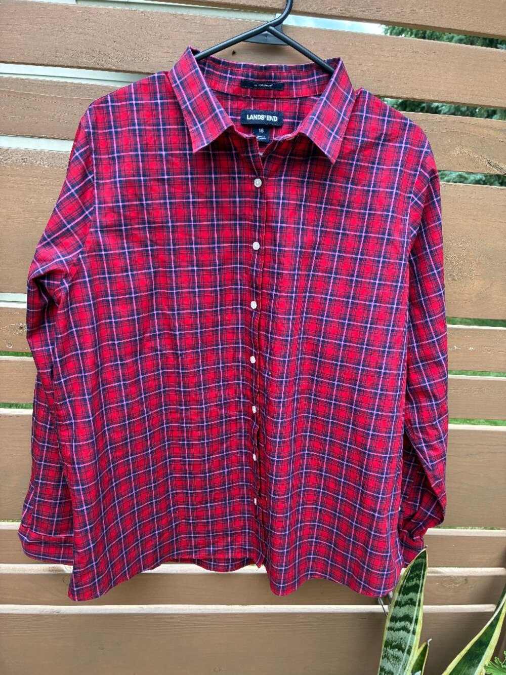 Lands' End Red Plaid No Iron Supima Blouse 18